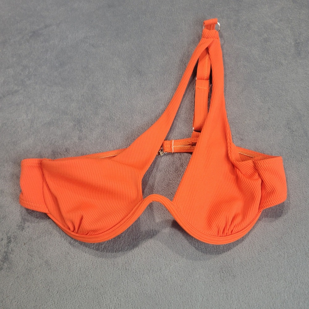Bikini Top Women XS Orange Ribbed One Shoulder Cutout Underwire Swim Beachwear‎